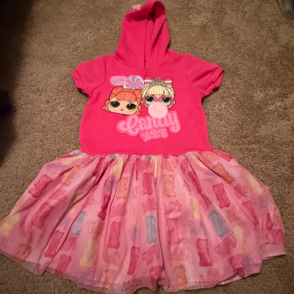 LOL Surprise Girls Pink Hooded Dress Gummy Bear Mesh Skirt Bow Size M 7/8